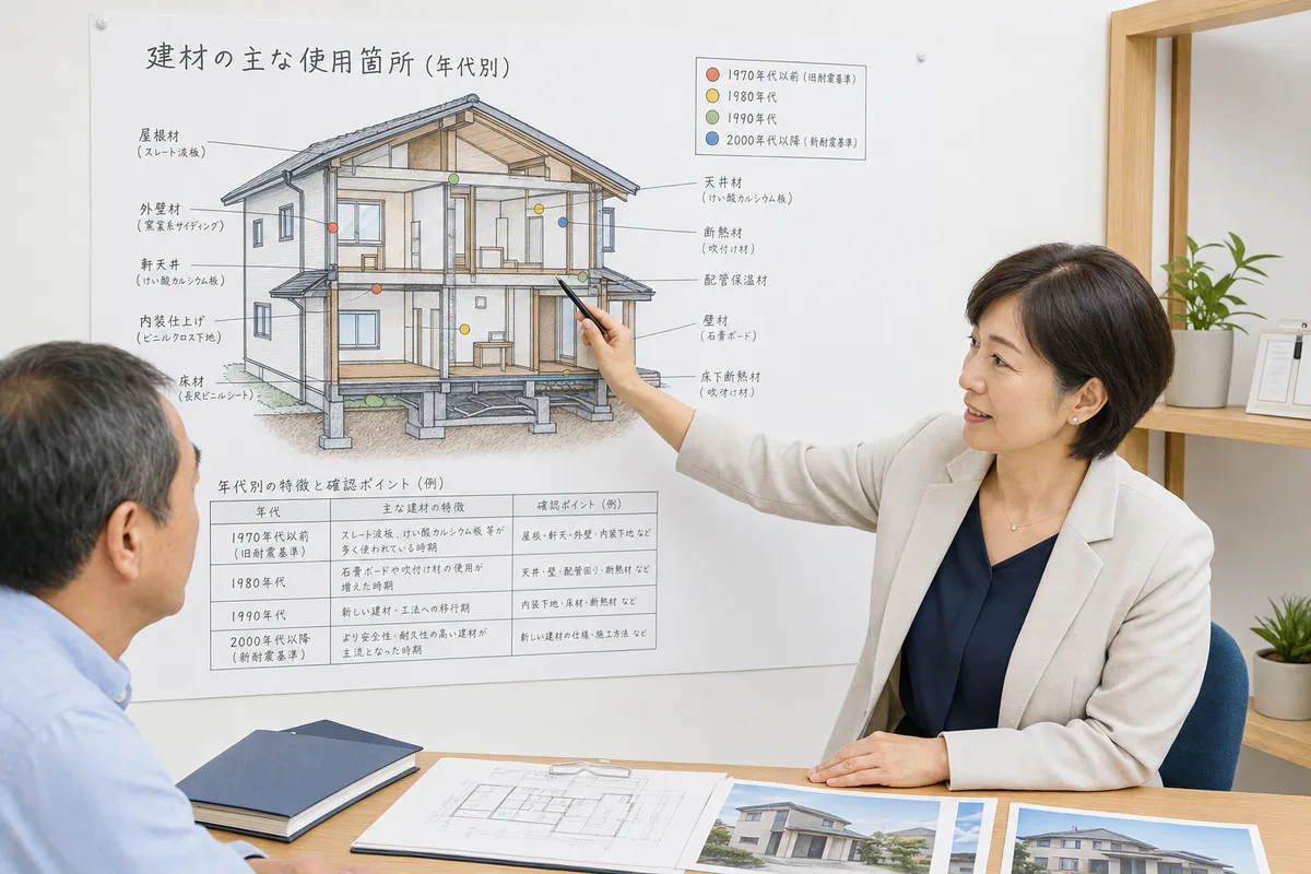 築年代別アスベスト含有建材の使用部位マップ｜1950年代〜2006年禁止まで