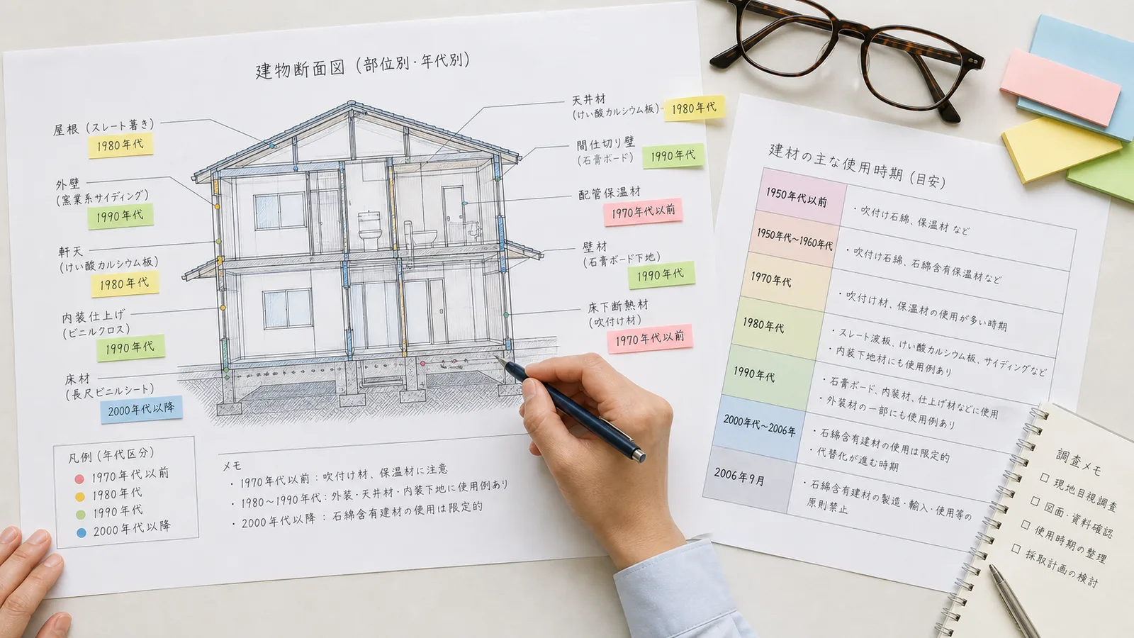 築年代別アスベスト含有建材の使用部位マップ｜1950年代〜2006年禁止まで